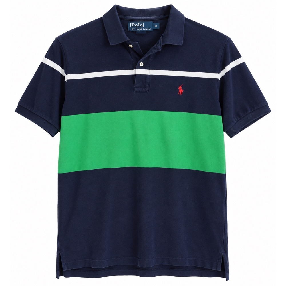 Polo Ralph Lauren Mens M Navy Green Stripe Short Sleeve Red Pony Logo Polo Shirt
